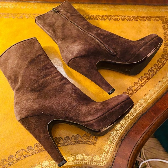 Prada Chocolate Brown Suede Platform Heeled Mid Calf Boots - Picture 3 of 12